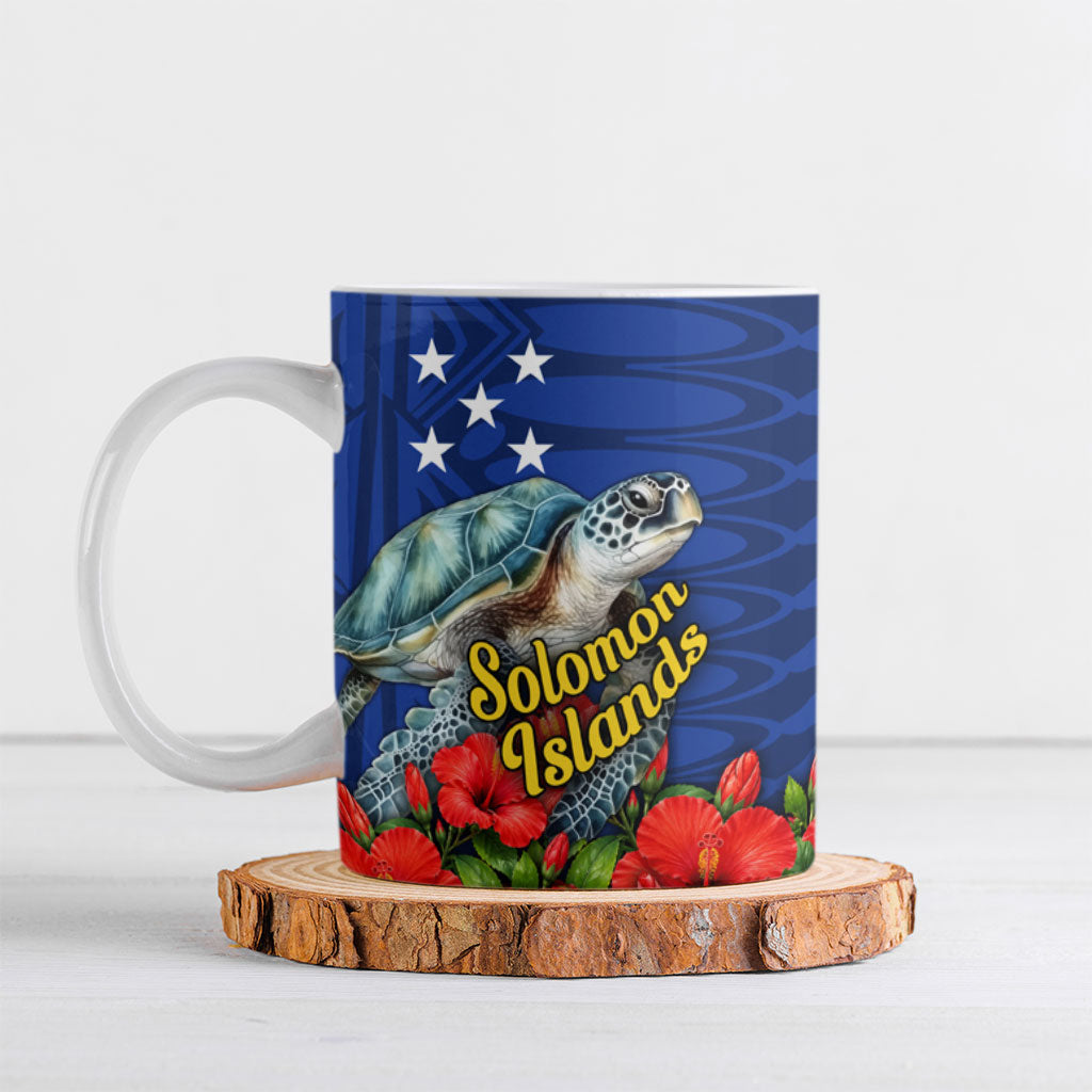Solomon Islands Sea Turtle Ceramic Mug Patriotic Flag Coat Of Arms Tribal Hibiscus TS04 Blue Green - Polynesian Pride