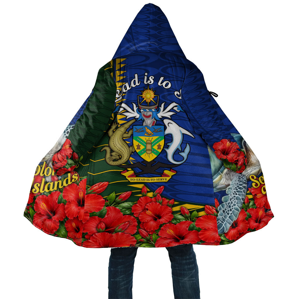 Solomon Islands Sea Turtle Cloak Patriotic Flag Coat Of Arms Tribal Hibiscus TS04 Unisex Blue Green - Polynesian Pride