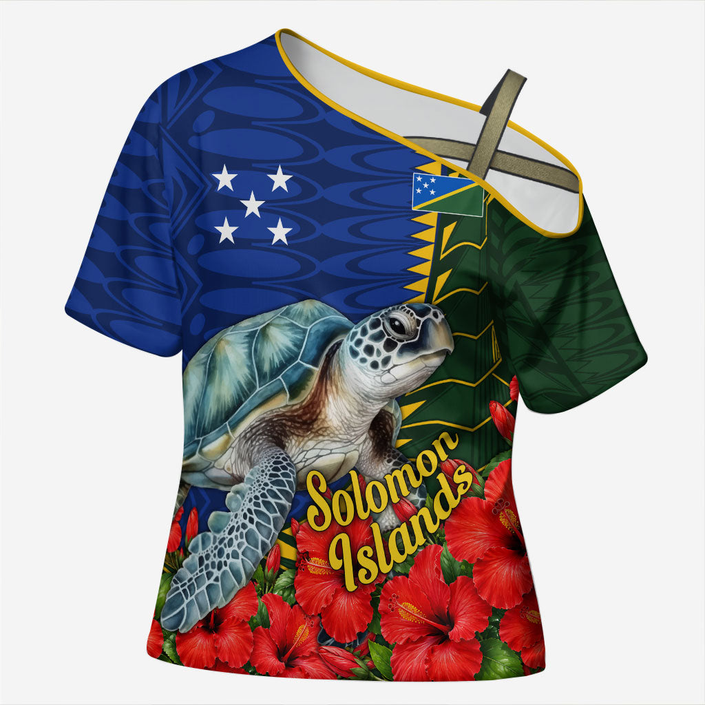 Solomon Islands Sea Turtle Cross Shoulder Shirt Patriotic Flag Coat Of Arms Tribal Hibiscus TS04 Female Blue Green - Polynesian Pride