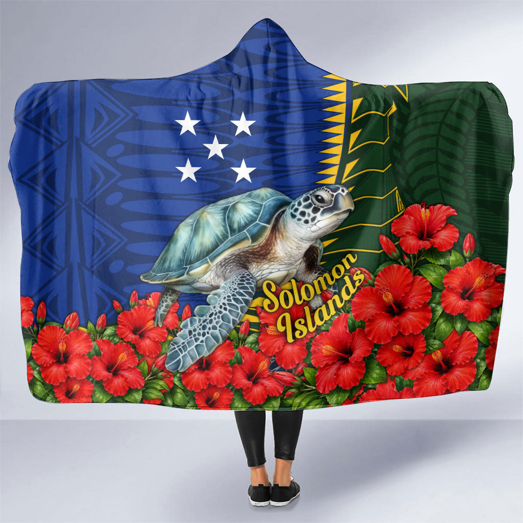 Solomon Islands Sea Turtle Hooded Blanket Patriotic Flag Coat Of Arms Tribal Hibiscus TS04 One Size Blue Green - Polynesian Pride