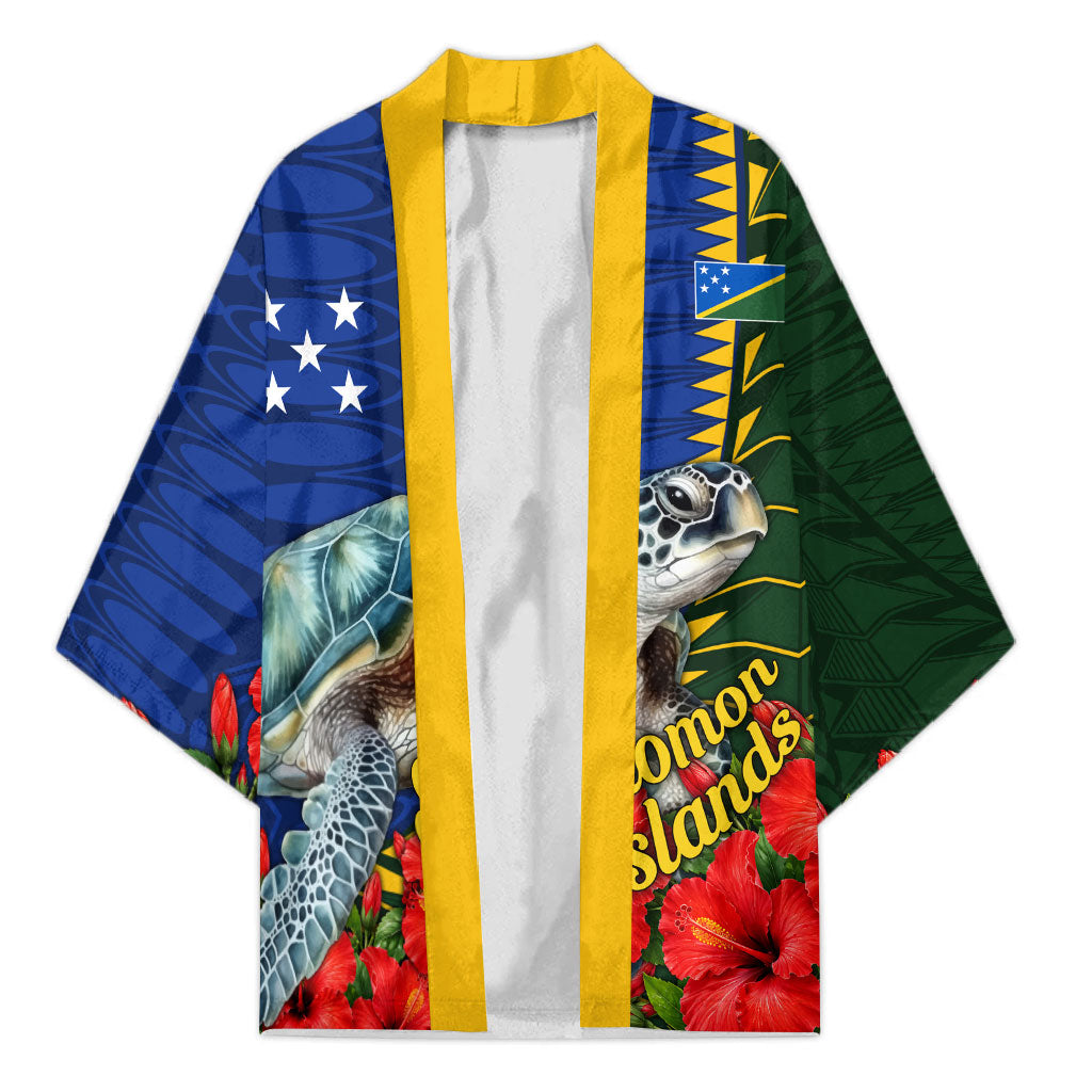 Solomon Islands Sea Turtle Kimono Patriotic Flag Coat Of Arms Tribal Hibiscus TS04 Unisex Blue Green - Polynesian Pride