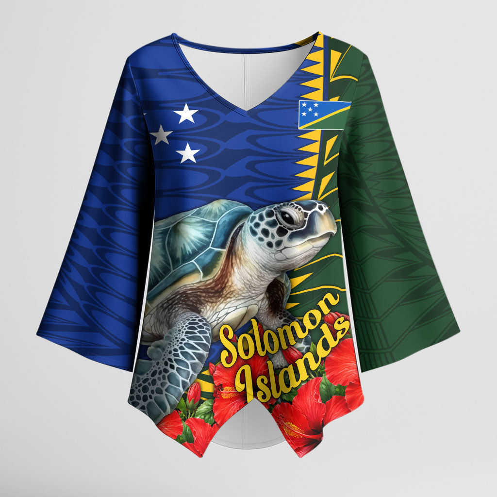 Solomon Islands Sea Turtle Kimono Sleeve Blouse Patriotic Flag Coat Of Arms Tribal Hibiscus TS04 Female Blue Green - Polynesian Pride