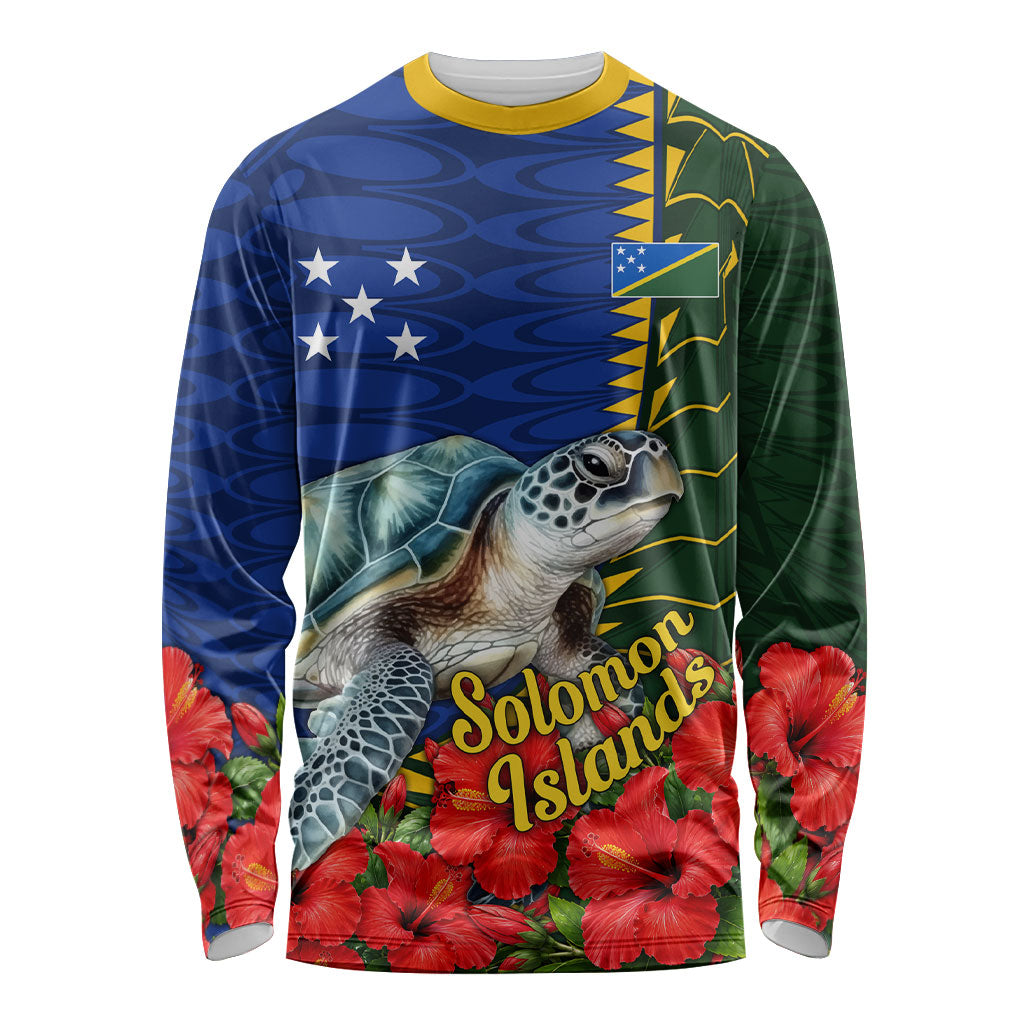 Solomon Islands Sea Turtle Long Sleeve Shirt Patriotic Flag Coat Of Arms Tribal Hibiscus TS04 Unisex Blue Green - Polynesian Pride
