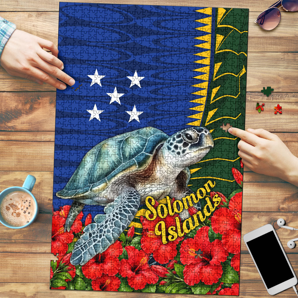 Solomon Islands Sea Turtle Puzzle Patriotic Flag Coat Of Arms Tribal Hibiscus TS04 Blue Green - Polynesian Pride