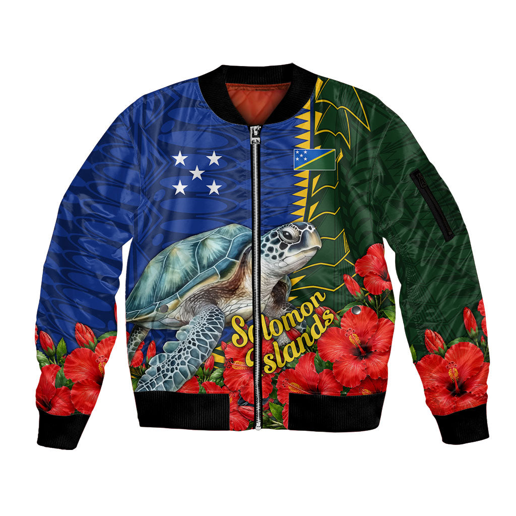 Solomon Islands Sea Turtle Sleeve Zip Bomber Jacket Patriotic Flag Coat Of Arms Tribal Hibiscus TS04 Unisex Blue Green - Polynesian Pride