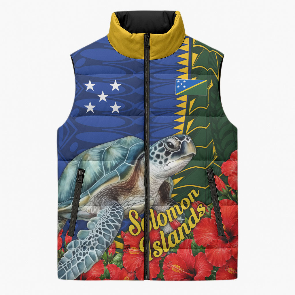 Solomon Islands Sea Turtle Sleeveless Puffer Jacket Patriotic Flag Coat Of Arms Tribal Hibiscus TS04 Unisex Blue Green - Polynesian Pride
