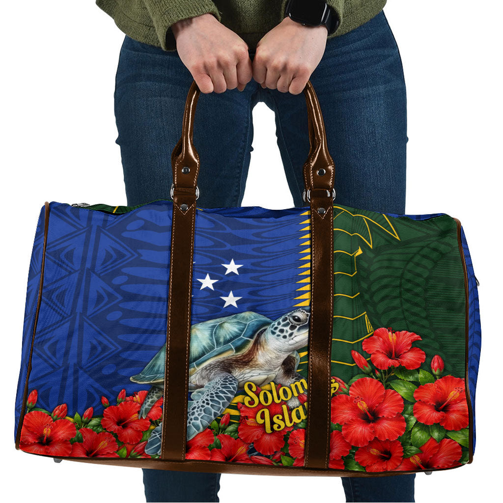 Solomon Islands Sea Turtle Travel Bag Patriotic Flag Coat Of Arms Tribal Hibiscus TS04 Blue Green - Polynesian Pride