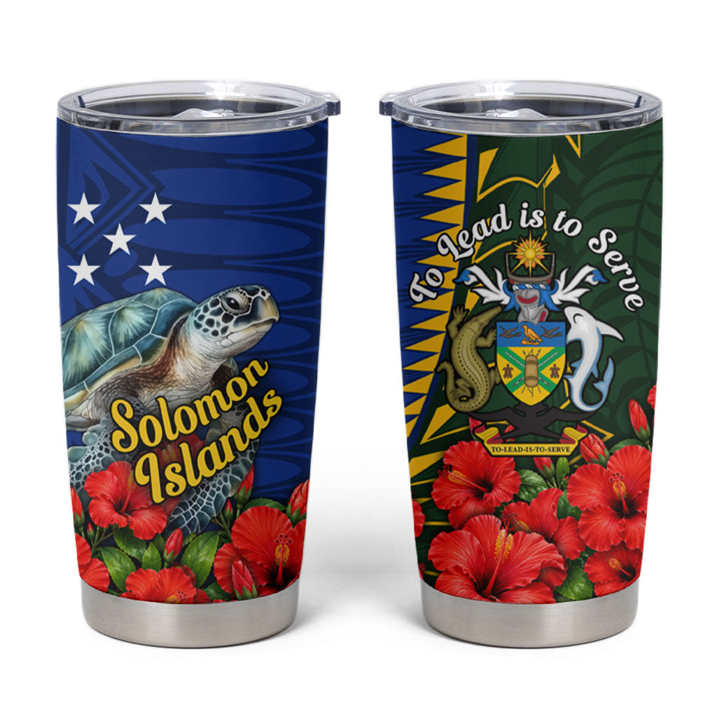 Solomon Islands Sea Turtle Tumbler Cup Patriotic Flag Coat Of Arms Tribal Hibiscus TS04 Blue Green - Polynesian Pride