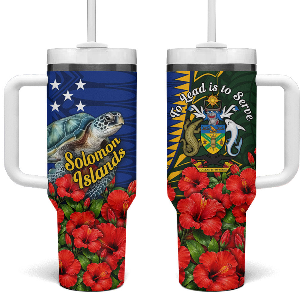 Solomon Islands Sea Turtle Tumbler With Handle Patriotic Flag Coat Of Arms Tribal Hibiscus TS04 One Size: 40 oz Blue Green - Polynesian Pride