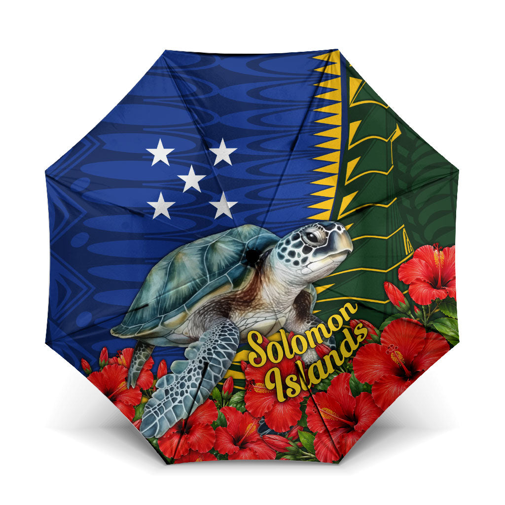Solomon Islands Sea Turtle Umbrella Patriotic Flag Coat Of Arms Tribal Hibiscus TS04 One Size Folded 11.42 inch Opened Diameter 37.4 inch Blue Green - Polynesian Pride