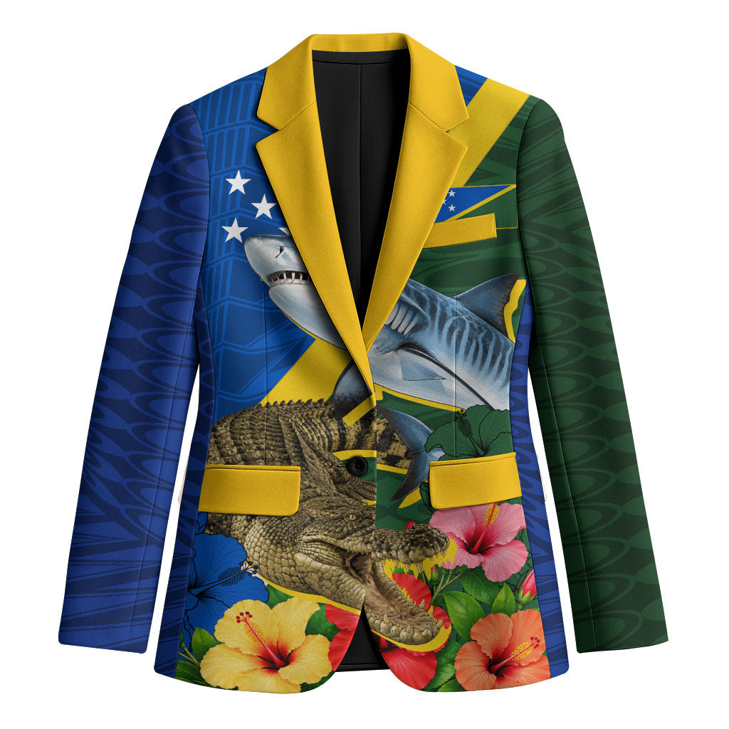 Personalized Solomon Islands Coat Of Arms Blazer Patriotic Flag Shark Crocodile Tropical Floral TS04 Unisex Blue Green - Polynesian Pride