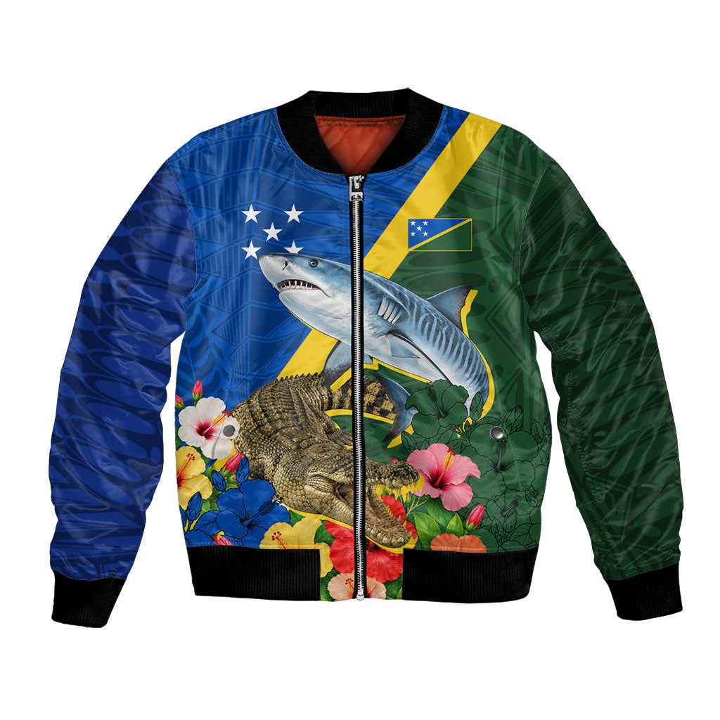 Personalized Solomon Islands Coat Of Arms Bomber Jacket Patriotic Flag Shark Crocodile Tropical Floral TS04 Unisex Blue Green - Polynesian Pride