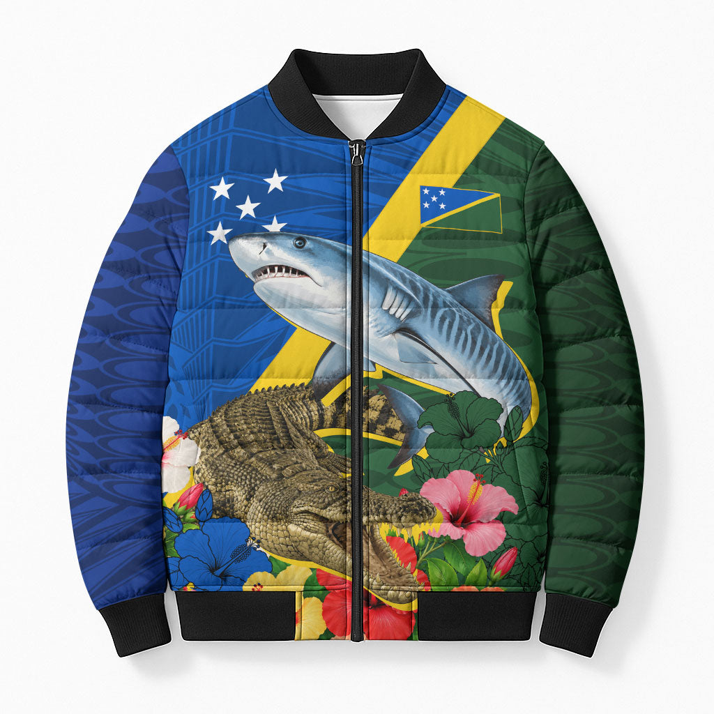 Personalized Solomon Islands Coat Of Arms Bomber Puffer Jacket Patriotic Flag Shark Crocodile Tropical Floral TS04 Unisex Blue Green - Polynesian Pride