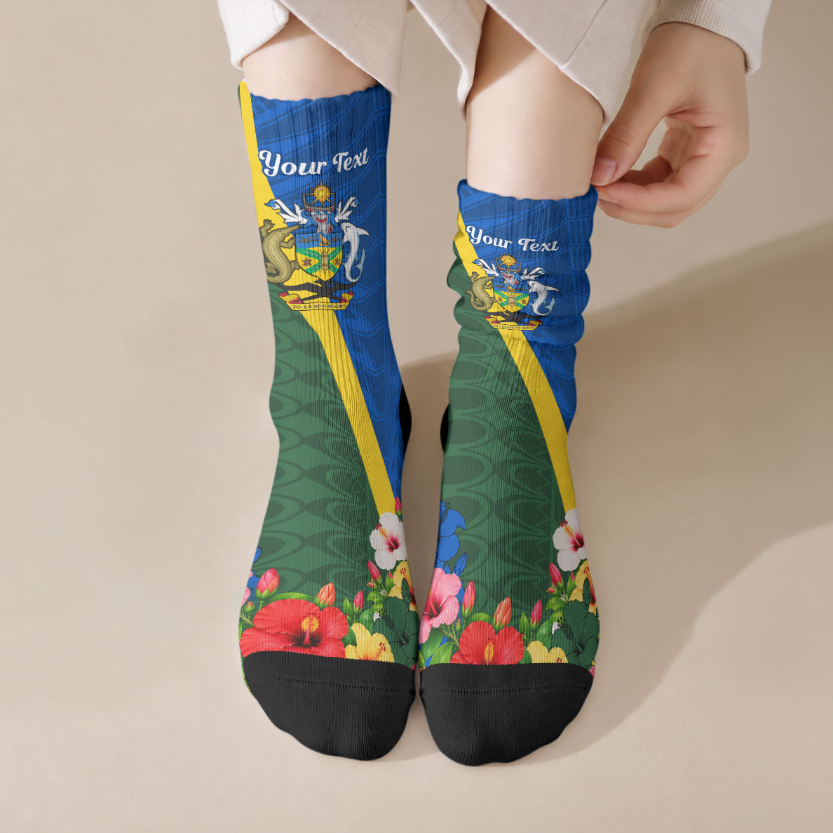 Personalized Solomon Islands Coat Of Arms Crew Socks Patriotic Flag Shark Crocodile Tropical Floral TS04 Crew Socks Blue Green - Polynesian Pride
