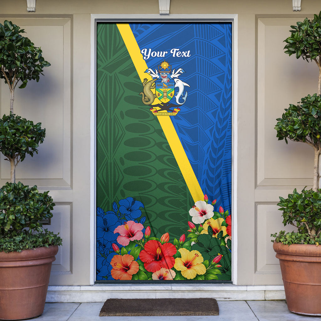 Personalized Solomon Islands Coat Of Arms Door Cover Patriotic Flag Shark Crocodile Tropical Floral TS04 Blue Green - Polynesian Pride