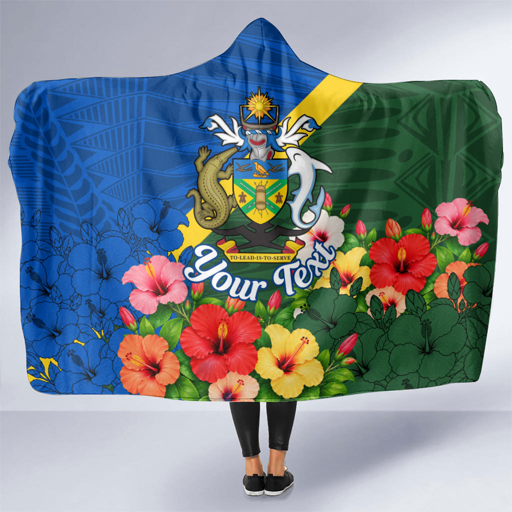 Personalized Solomon Islands Coat Of Arms Hooded Blanket Patriotic Flag Shark Crocodile Tropical Floral TS04 One Size Blue Green - Polynesian Pride