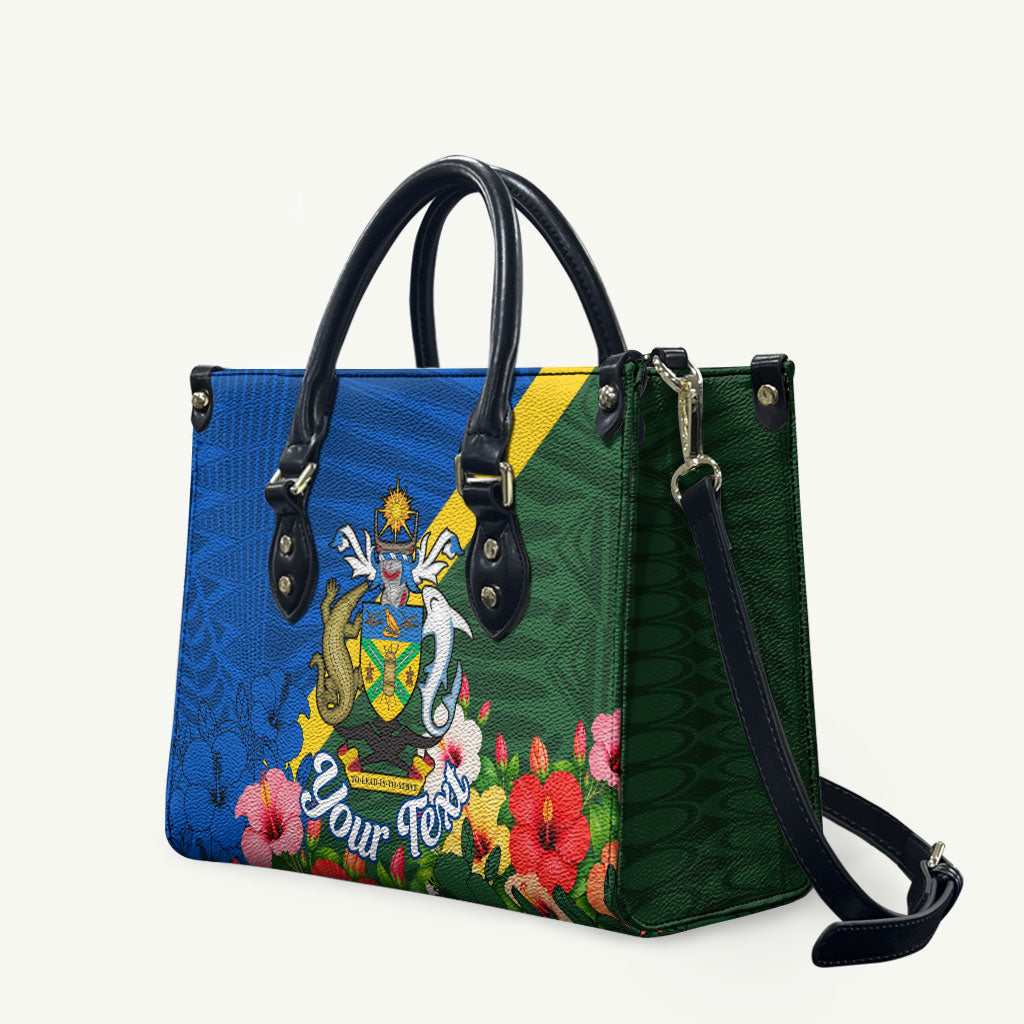 Personalized Solomon Islands Coat Of Arms Leather Bag Patriotic Flag Shark Crocodile Tropical Floral TS04 Blue Green - Polynesian Pride