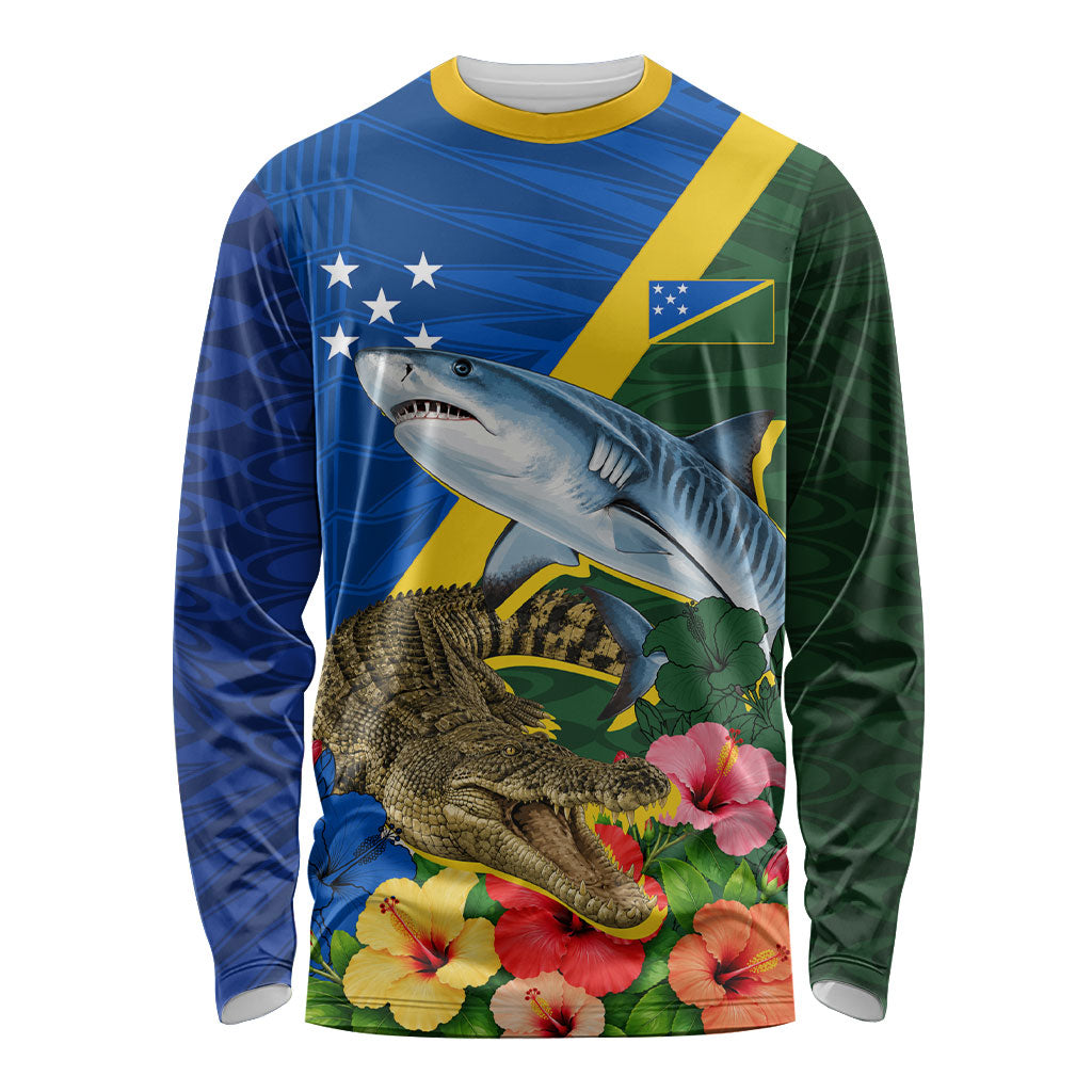 Personalized Solomon Islands Coat Of Arms Long Sleeve Shirt Patriotic Flag Shark Crocodile Tropical Floral TS04 Unisex Blue Green - Polynesian Pride
