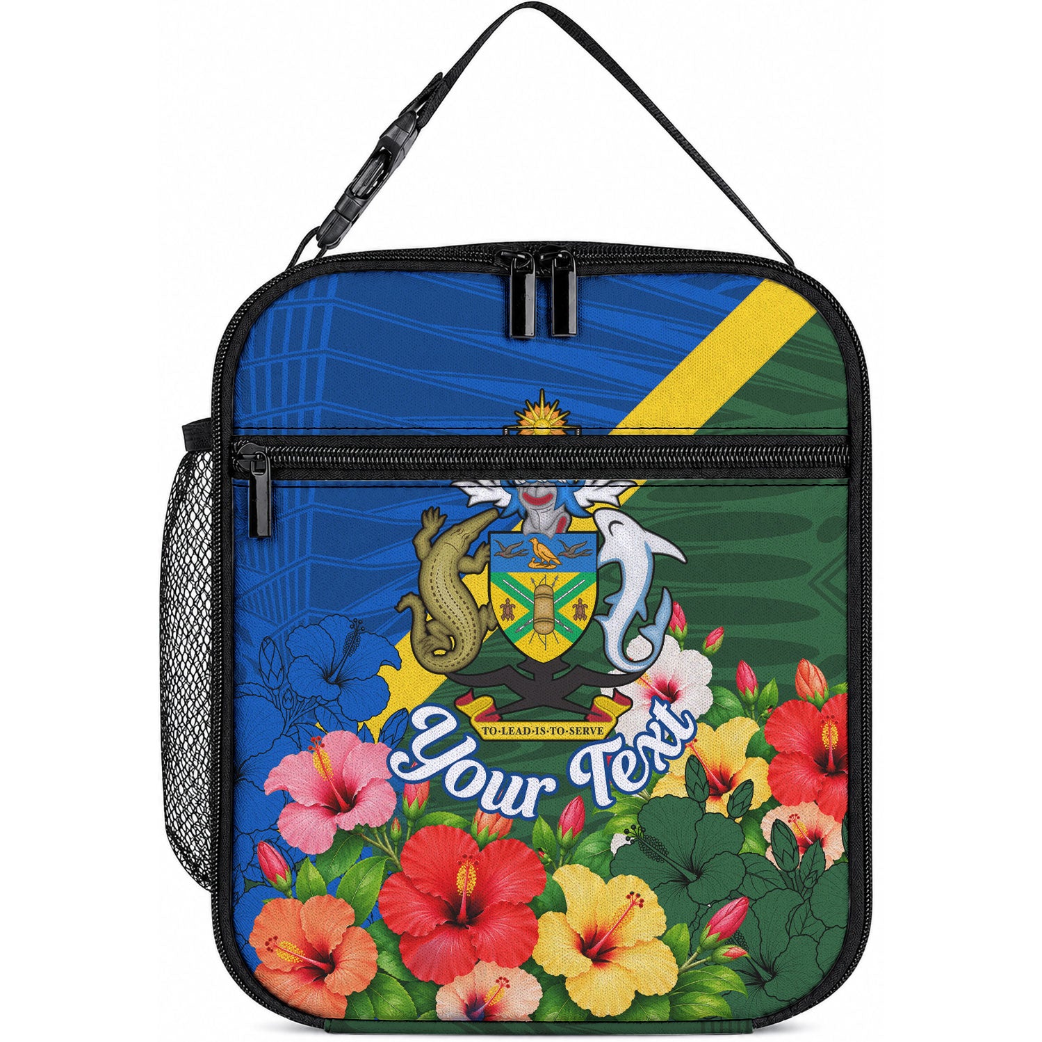 Personalized Solomon Islands Coat Of Arms Lunch Bag Patriotic Flag Shark Crocodile Tropical Floral TS04 10.2 × 8.3 × 4.3 inch Blue Green - Polynesian Pride
