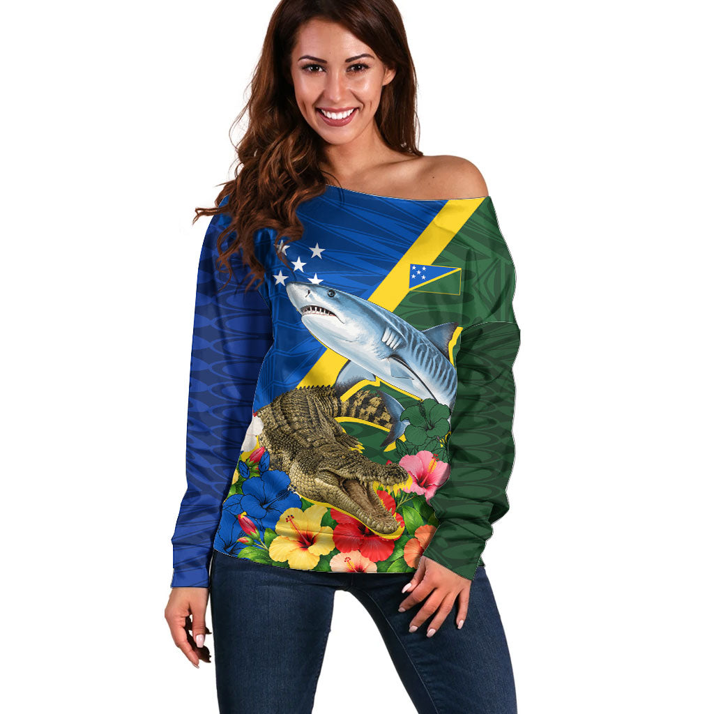 Personalized Solomon Islands Coat Of Arms Off Shoulder Sweater Patriotic Flag Shark Crocodile Tropical Floral TS04 Women Blue Green - Polynesian Pride