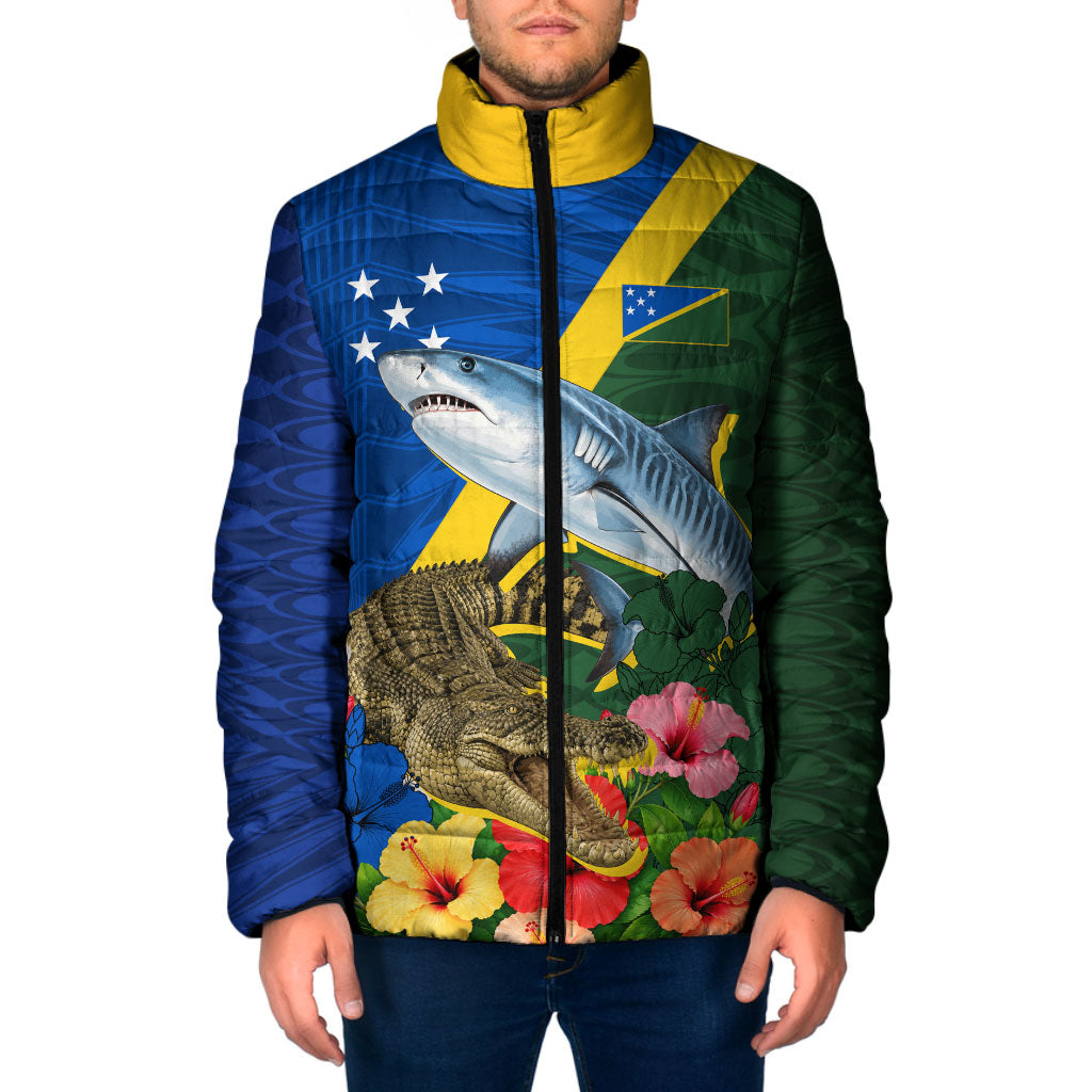 Personalized Solomon Islands Coat Of Arms Padded Jacket Patriotic Flag Shark Crocodile Tropical Floral TS04 Men Blue Green - Polynesian Pride