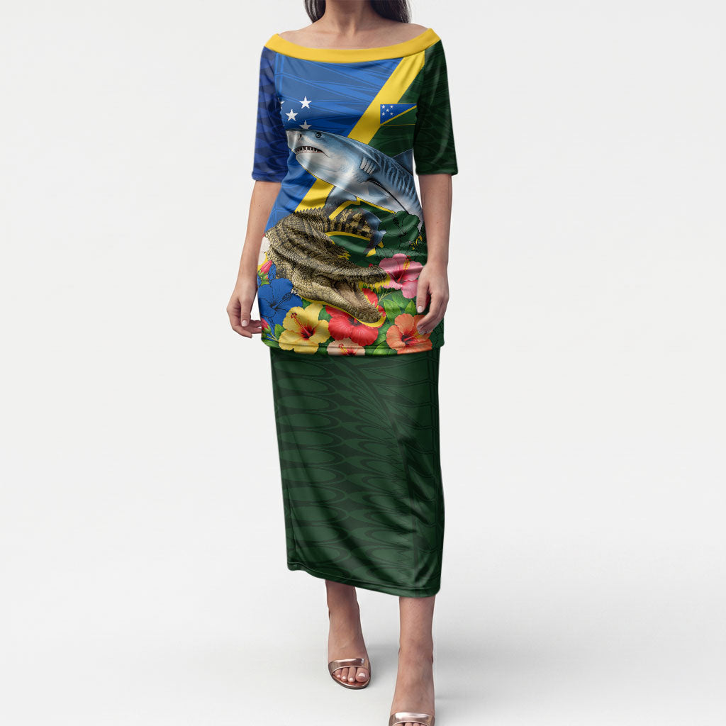Personalized Solomon Islands Coat Of Arms Puletasi Patriotic Flag Shark Crocodile Tropical Floral TS04 Long Dress Blue Green - Polynesian Pride