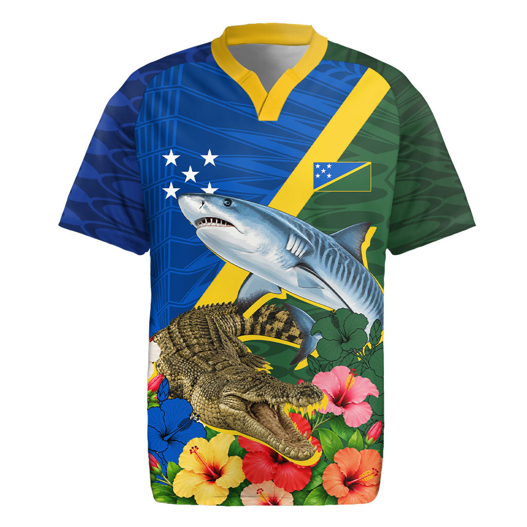 Personalized Solomon Islands Coat Of Arms Rugby Jersey Patriotic Flag Shark Crocodile Tropical Floral TS04 Blue Green - Polynesian Pride