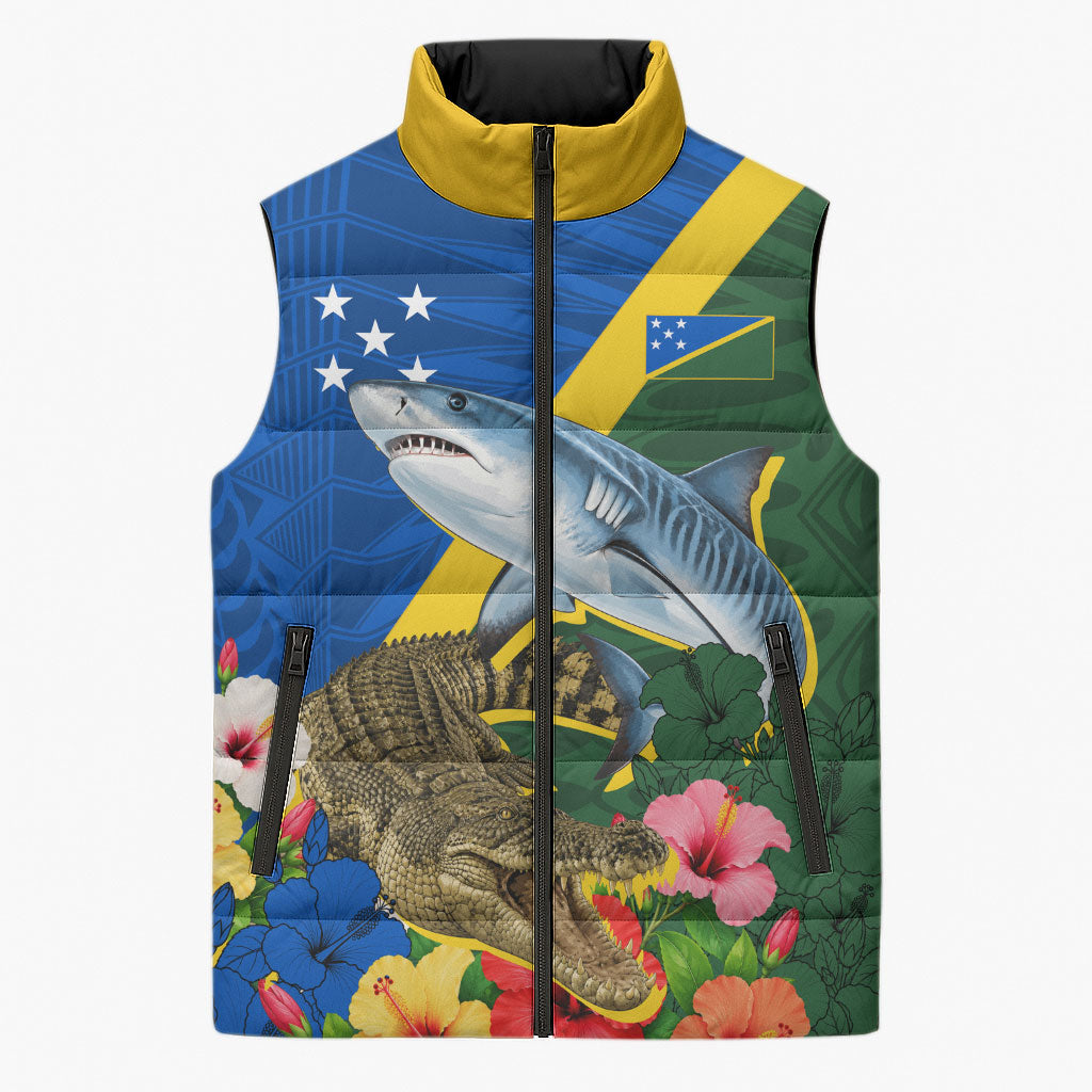 Personalized Solomon Islands Coat Of Arms Sleeveless Puffer Jacket Patriotic Flag Shark Crocodile Tropical Floral TS04 Unisex Blue Green - Polynesian Pride