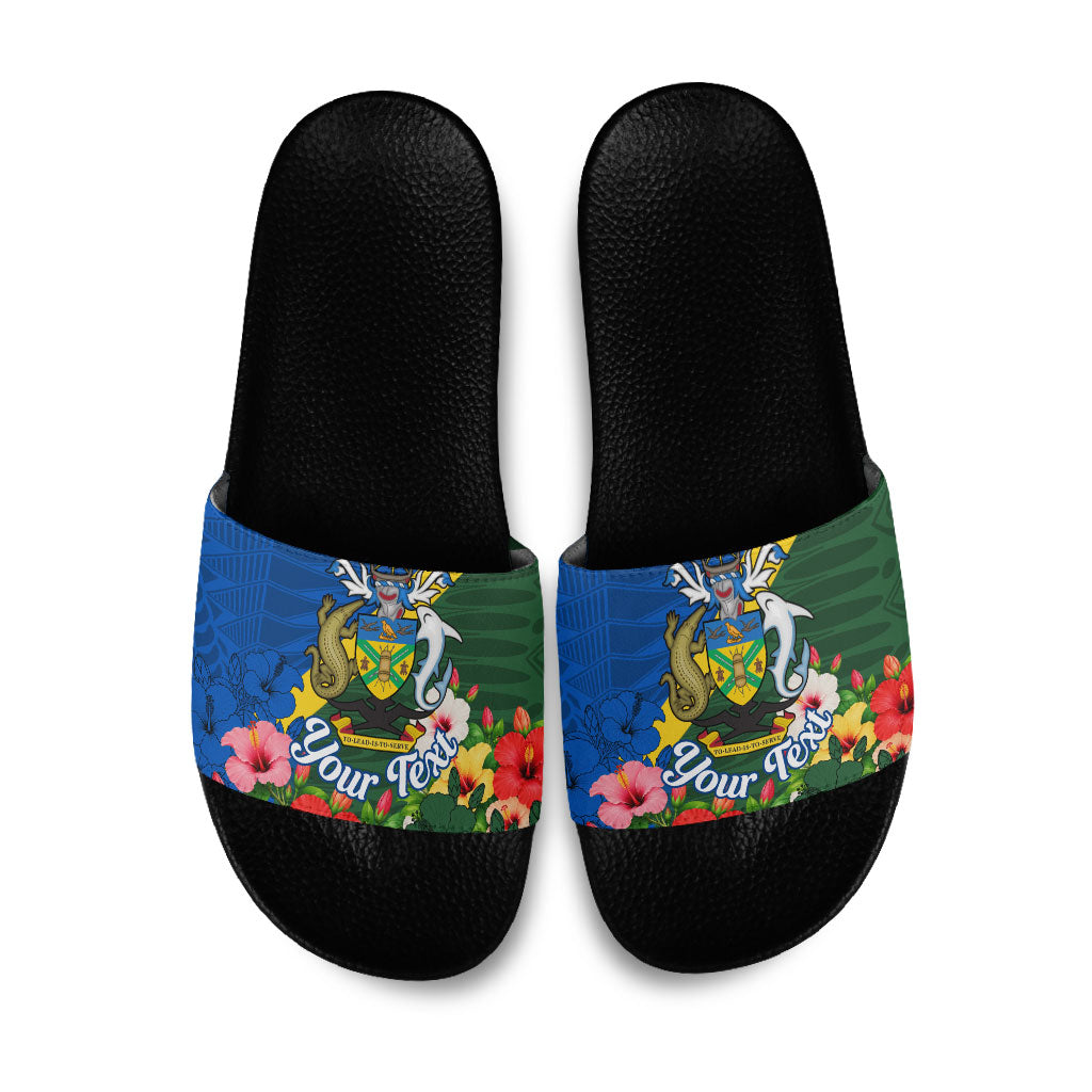 Personalized Solomon Islands Coat Of Arms Slide Sandals Patriotic Flag Shark Crocodile Tropical Floral TS04 Blue Green - Polynesian Pride
