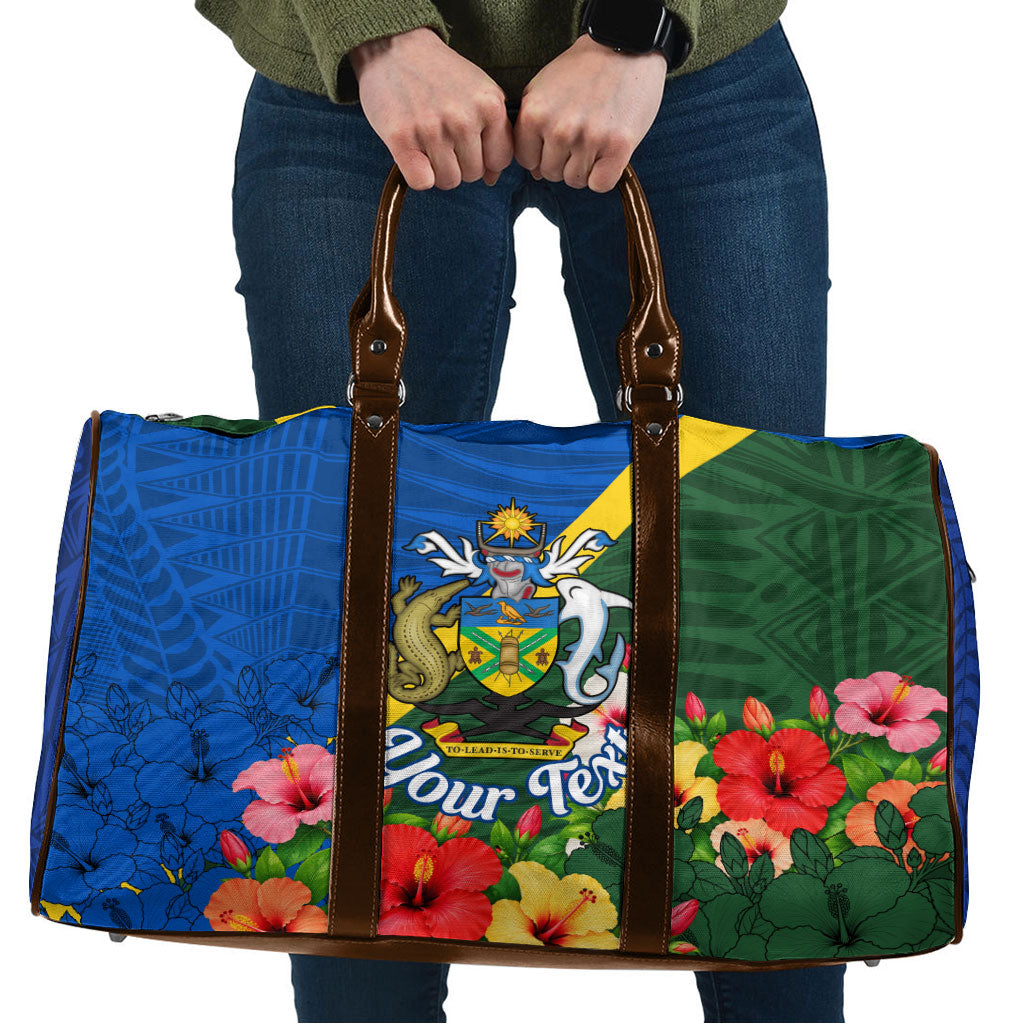 Personalized Solomon Islands Coat Of Arms Travel Bag Patriotic Flag Shark Crocodile Tropical Floral TS04 Blue Green - Polynesian Pride