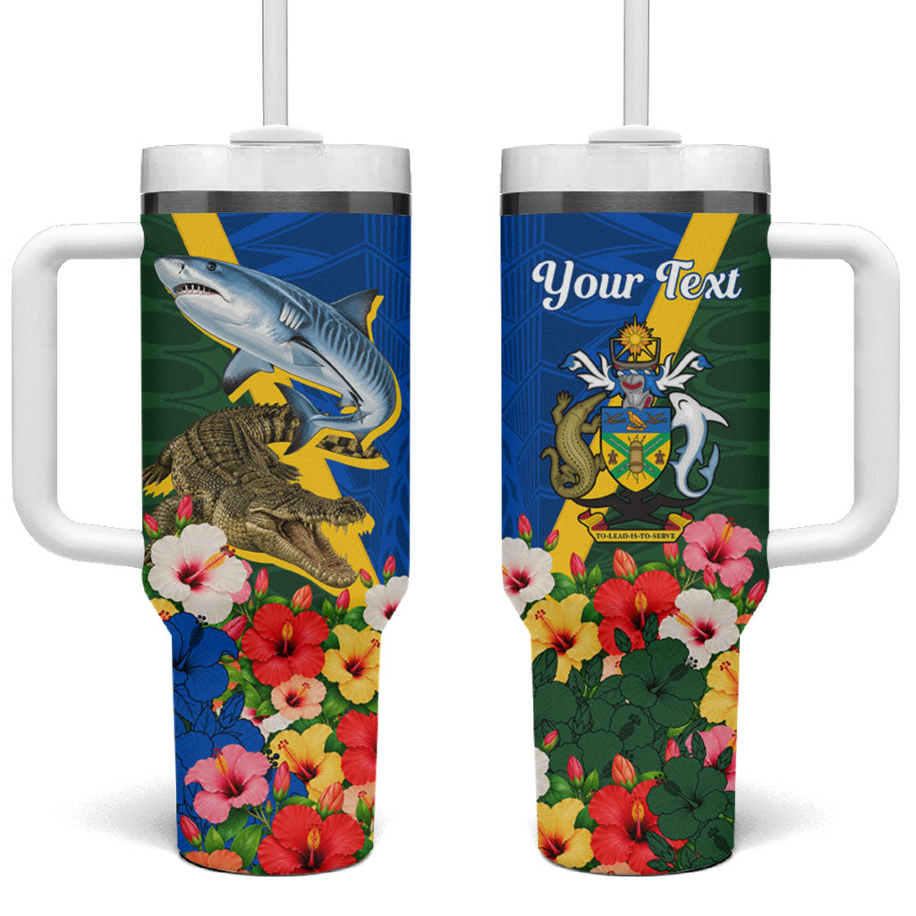 Personalized Solomon Islands Coat Of Arms Tumbler With Handle Patriotic Flag Shark Crocodile Tropical Floral TS04 One Size: 40 oz Blue Green - Polynesian Pride