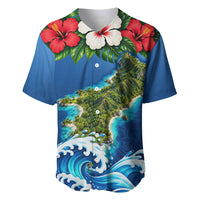 Guam Tropical Island Baseball Jersey Hibiscus Floral Ocean Waves TS04 Blue Red - Polynesian Pride