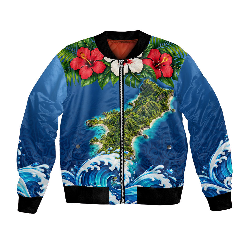 Guam Tropical Island Bomber Jacket Hibiscus Floral Ocean Waves