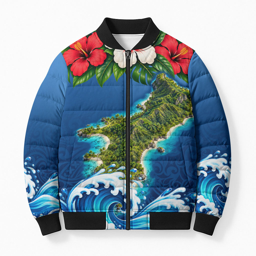 Guam Tropical Island Bomber Puffer Jacket Hibiscus Floral Ocean Waves