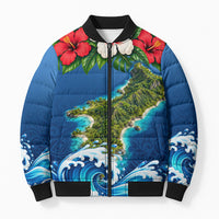 Guam Tropical Island Bomber Puffer Jacket Hibiscus Floral Ocean Waves
