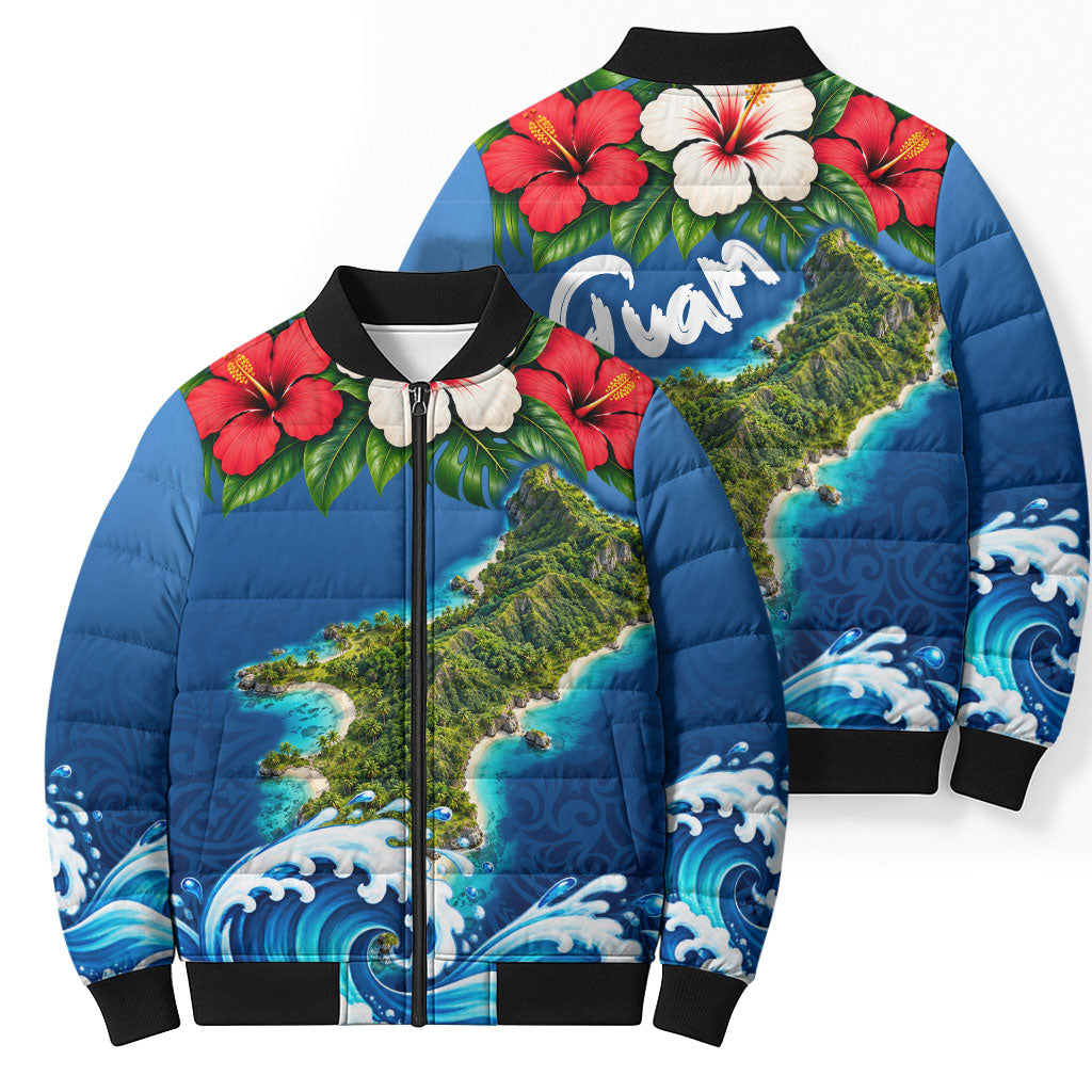 Guam Tropical Island Bomber Puffer Jacket Hibiscus Floral Ocean Waves