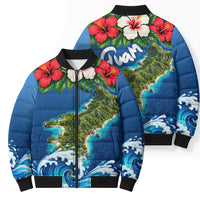 Guam Tropical Island Bomber Puffer Jacket Hibiscus Floral Ocean Waves