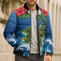 Guam Tropical Island Bomber Puffer Jacket Hibiscus Floral Ocean Waves