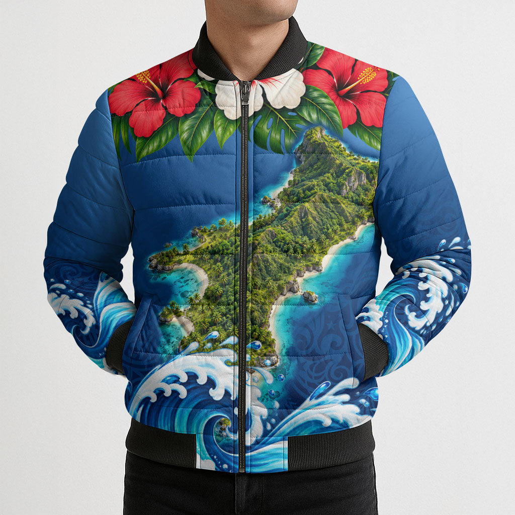 Guam Tropical Island Bomber Puffer Jacket Hibiscus Floral Ocean Waves