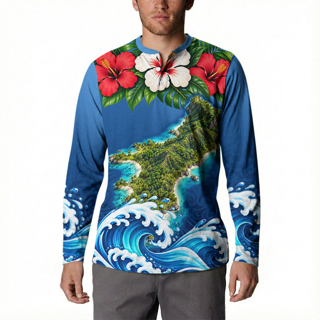 Guam Tropical Island Button Sweatshirt Hibiscus Floral Ocean Waves