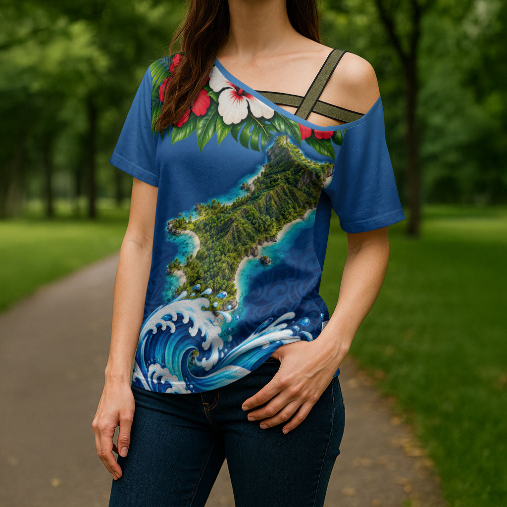 Guam Tropical Island Cross Shoulder Shirt Hibiscus Floral Ocean Waves TS04 - Polynesian Pride