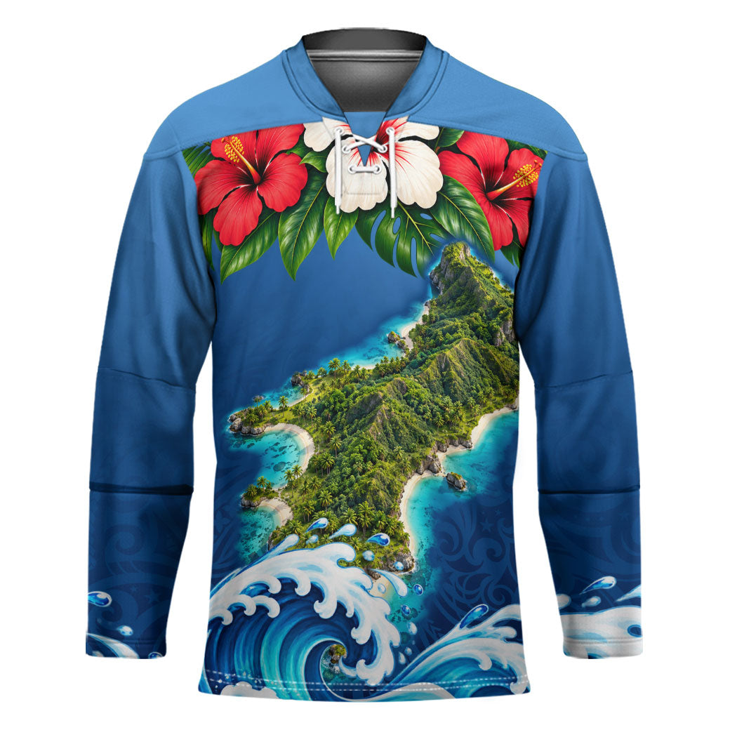 Guam Tropical Island Hockey Jersey Hibiscus Floral Ocean Waves TS04 Unisex Blue Red - Polynesian Pride