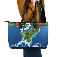 Guam Tropical Island Leather Tote Bag Hibiscus Floral Ocean Waves
