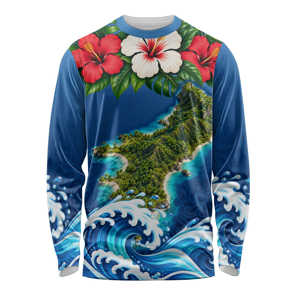 Guam Tropical Island Long Sleeve Shirt Hibiscus Floral Ocean Waves TS04 Unisex Blue Red - Polynesian Pride