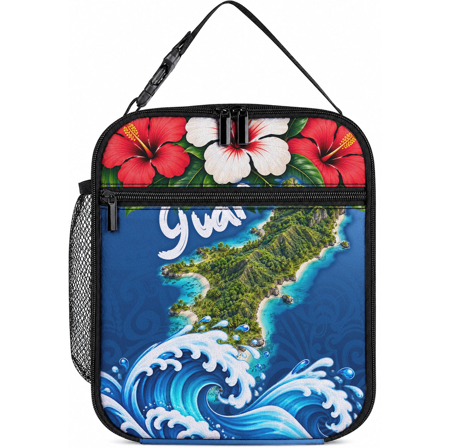 Guam Tropical Island Lunch Bag Hibiscus Floral Ocean Waves TS04 10.2 × 8.3 × 4.3 inch Blue Red - Polynesian Pride