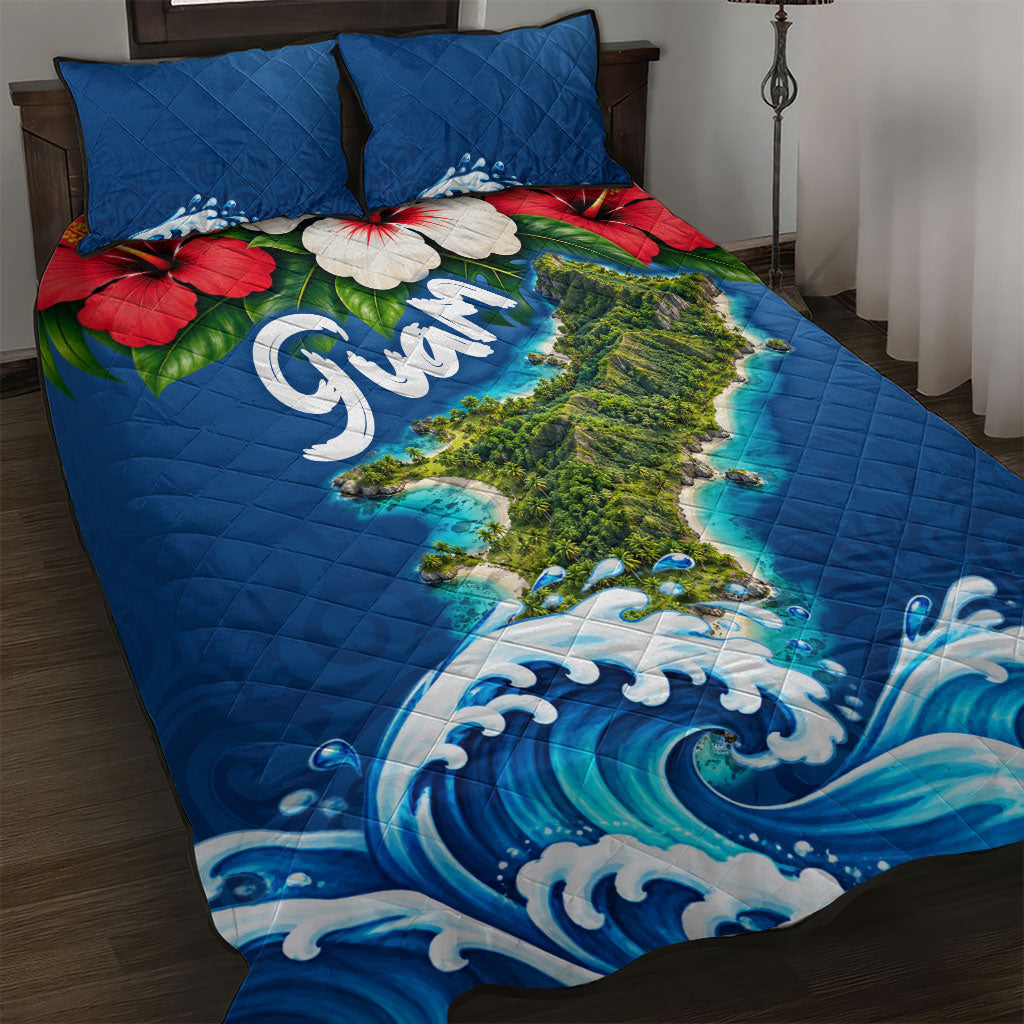 Guam Tropical Island Quilt Bed Set Hibiscus Floral Ocean Waves TS04 Blue Red - Polynesian Pride