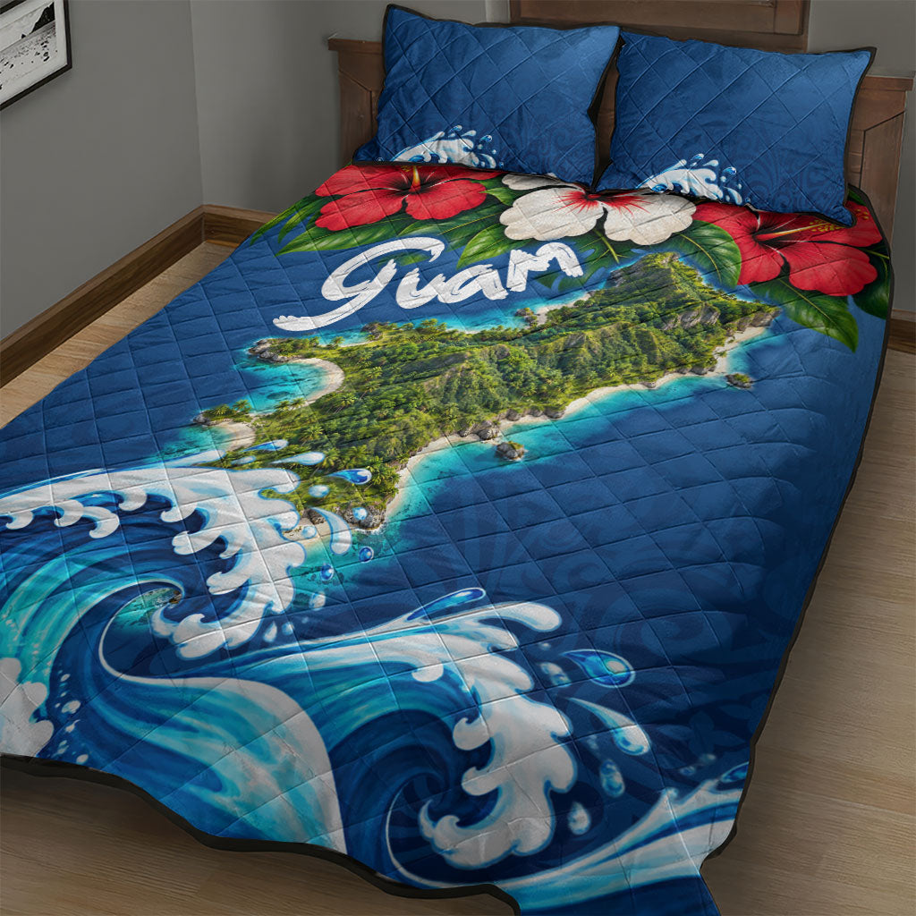 Guam Tropical Island Quilt Bed Set Hibiscus Floral Ocean Waves