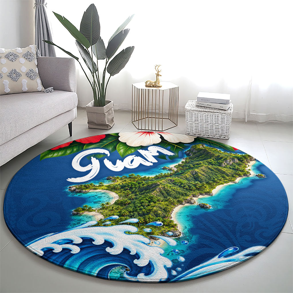 Guam Tropical Island Round Carpet Hibiscus Floral Ocean Waves