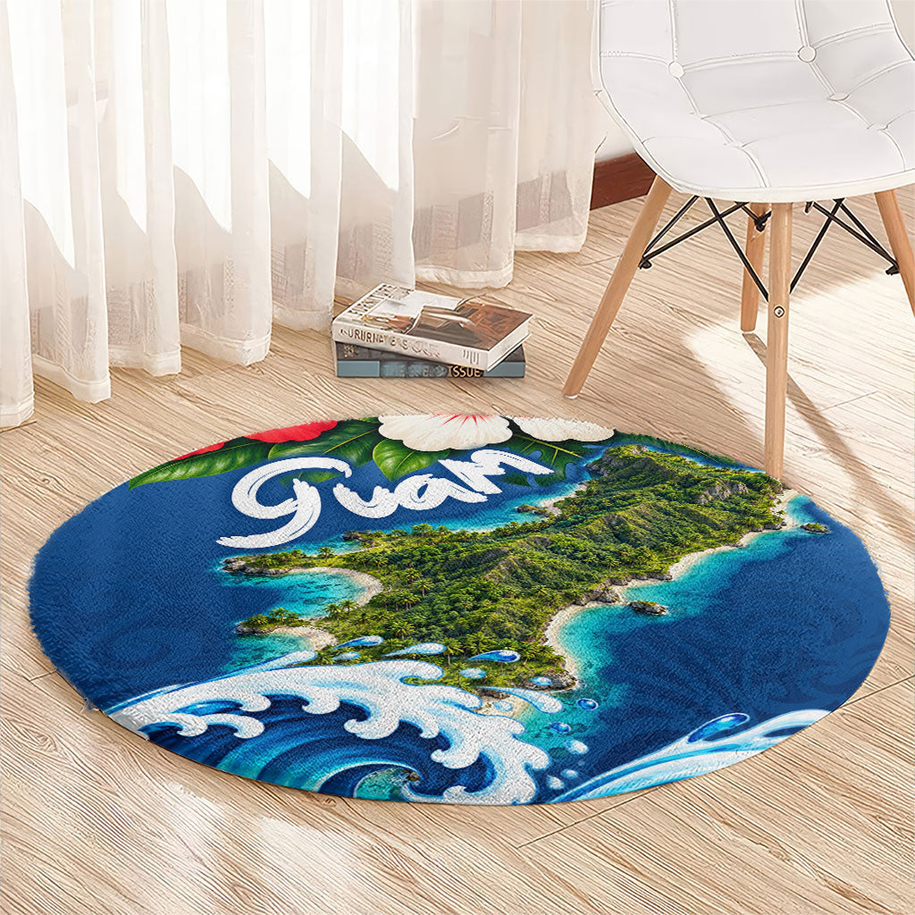 Guam Tropical Island Round Carpet Hibiscus Floral Ocean Waves