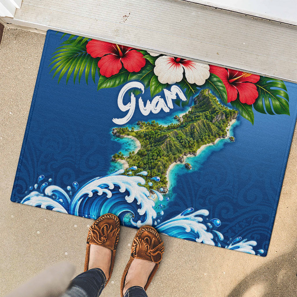 Guam Tropical Island Rubber Doormat Hibiscus Floral Ocean Waves
